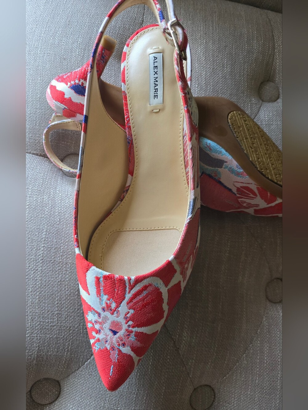 Alex Marie Orange-Red Floral Pointed-Toe Slingback Kitten Heels Pumps, New Sz:8M